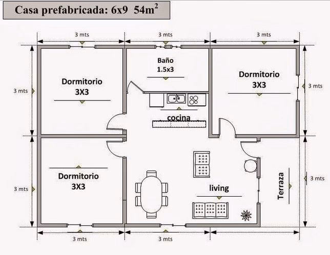 ¿Cuál es el tamaño de un plano de casa de 3 dormitorios?