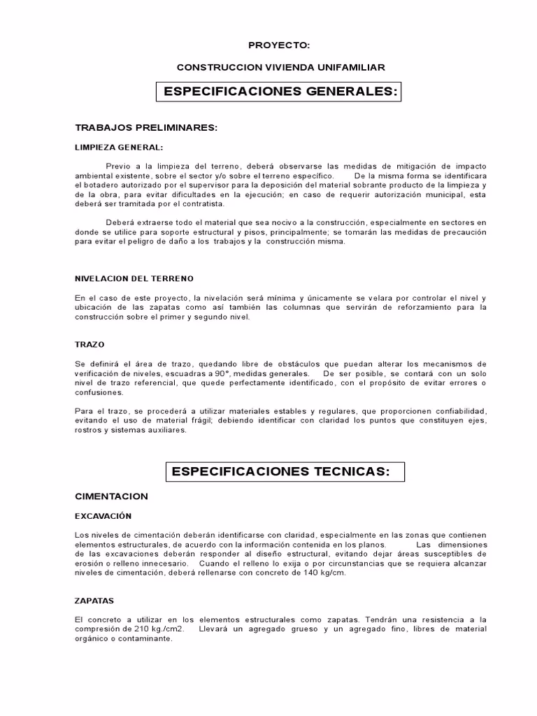 ¿Cuáles son las especificaciones generales de construcción?